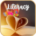 Literacy icon with an open book with pages curled to look like the shape of a heart