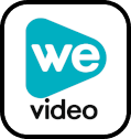 WeVideo icon, the text we is white within a teal coloured triangle that looks like the symbol for play, video text is black, the entire icon has a thin black border